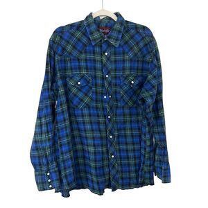 Wrangler Western Shirt XL Plaid Flannel Snap Button Raw Hem Grunge Cowboy